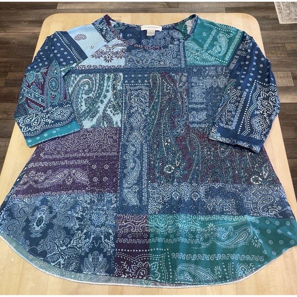 Christopher & Banks Patchwork Purple Teal Beaded 3/4 Sleeve Top Sheer Edge Artsy